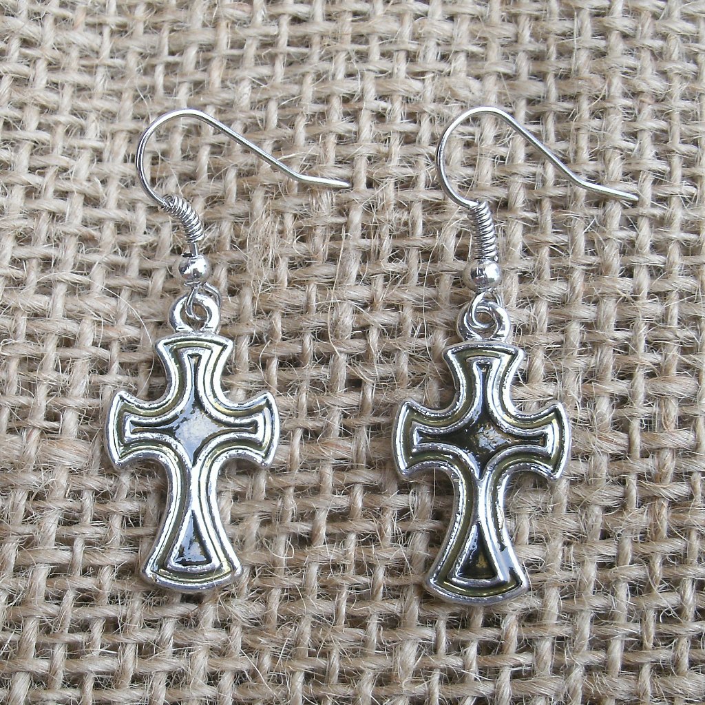 Pewter Black Enamel Cross Earrings